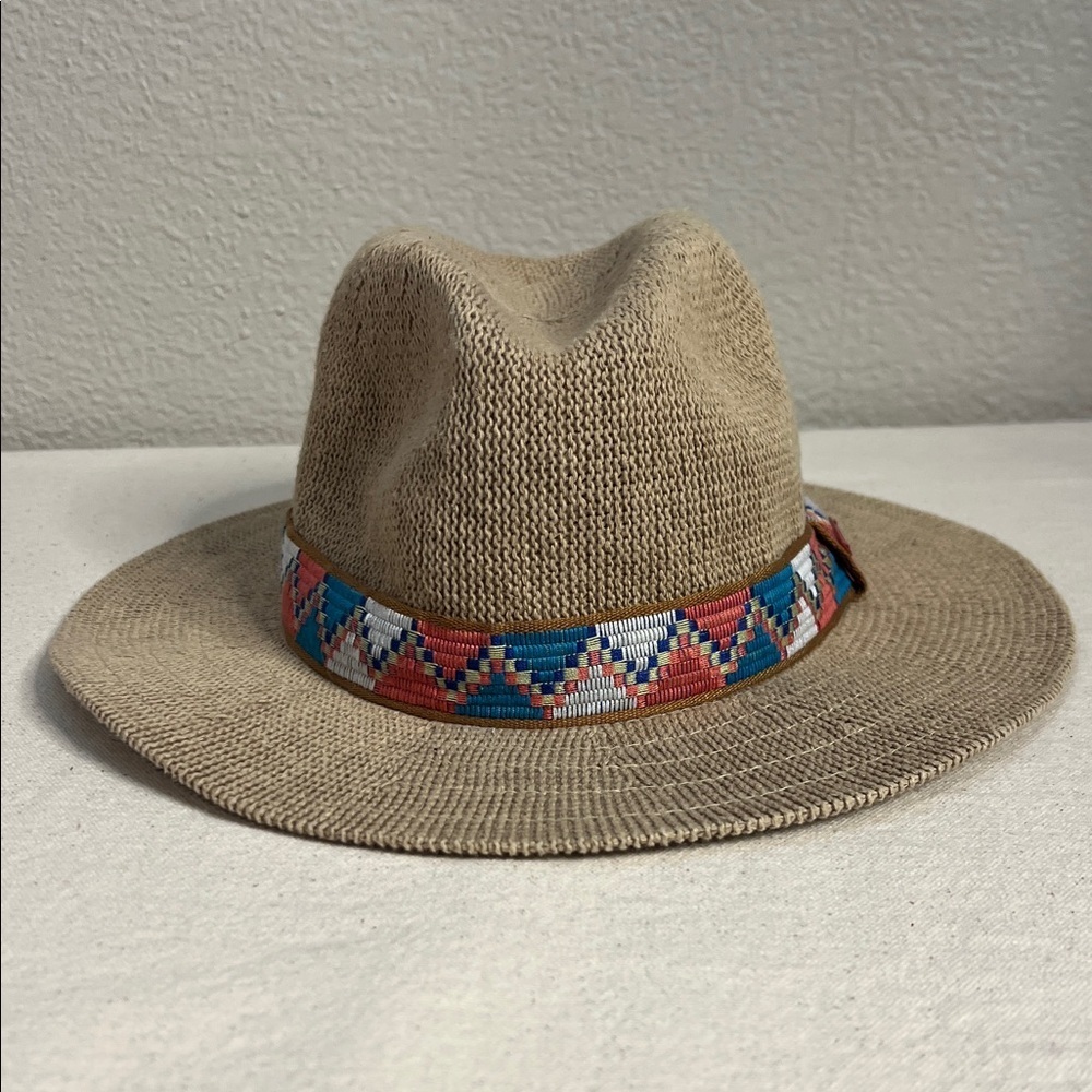 PrAna Cybil Knit Fedora Hat – Tan with Embroidered Band - Picture 2 of 8